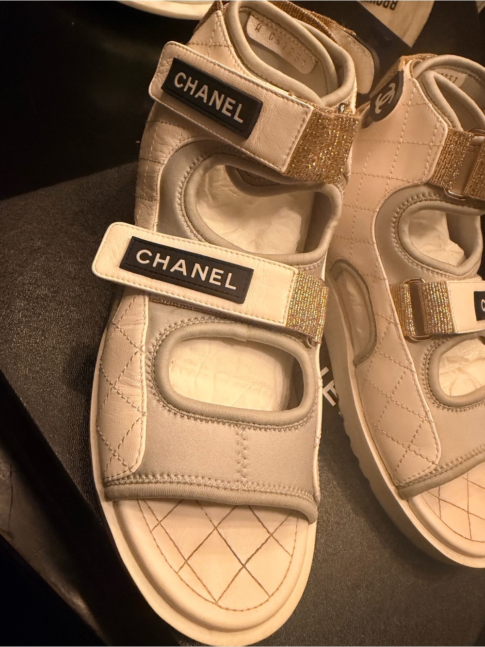 Chanel women’s White & Gold Quilted Sport Sandals - Picture 7 of 8
